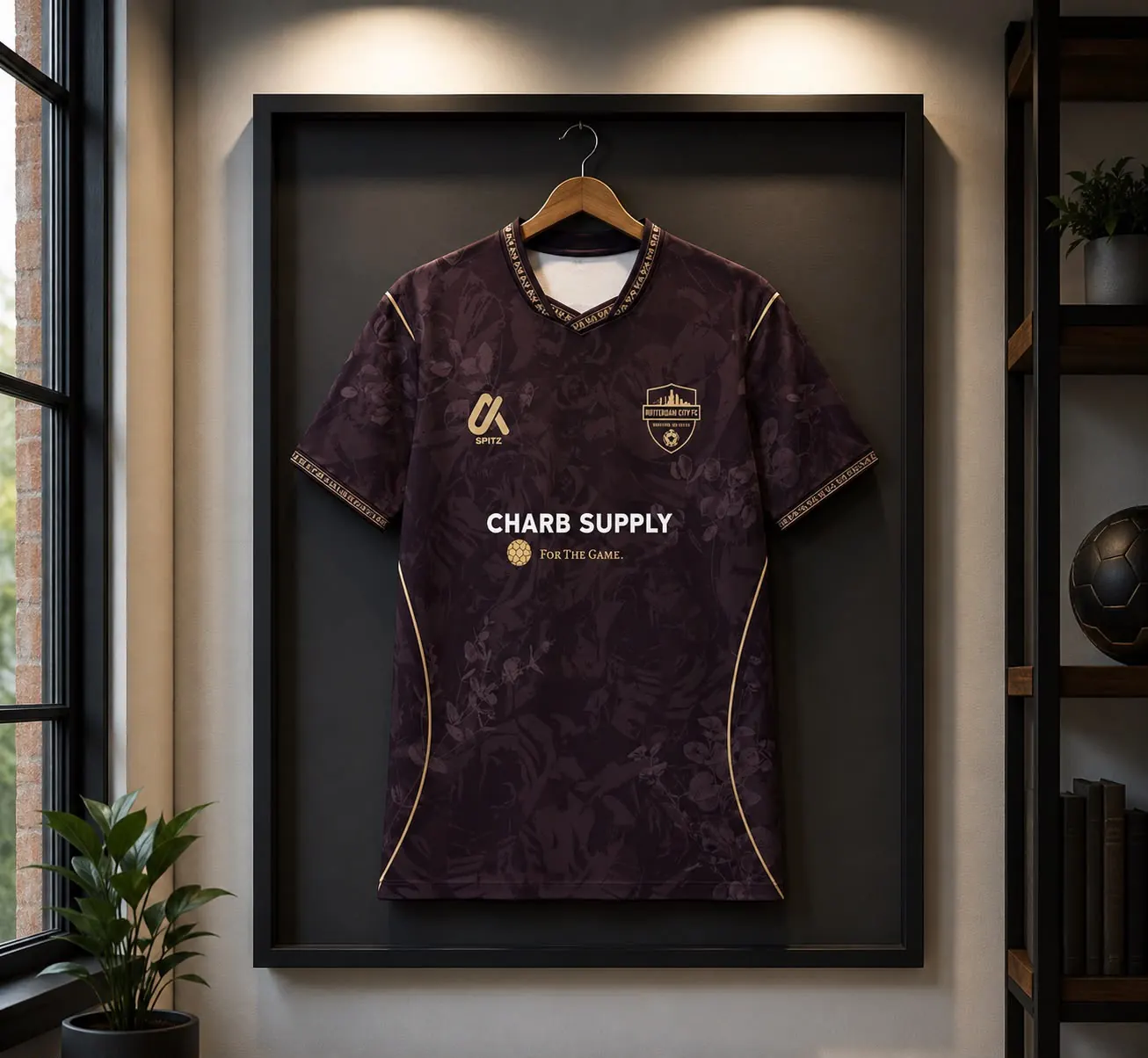 Donker bordeauxrood custom wedstrijdshirt met bloemenpatroon en gouden biezen, ingelijst aan de muur