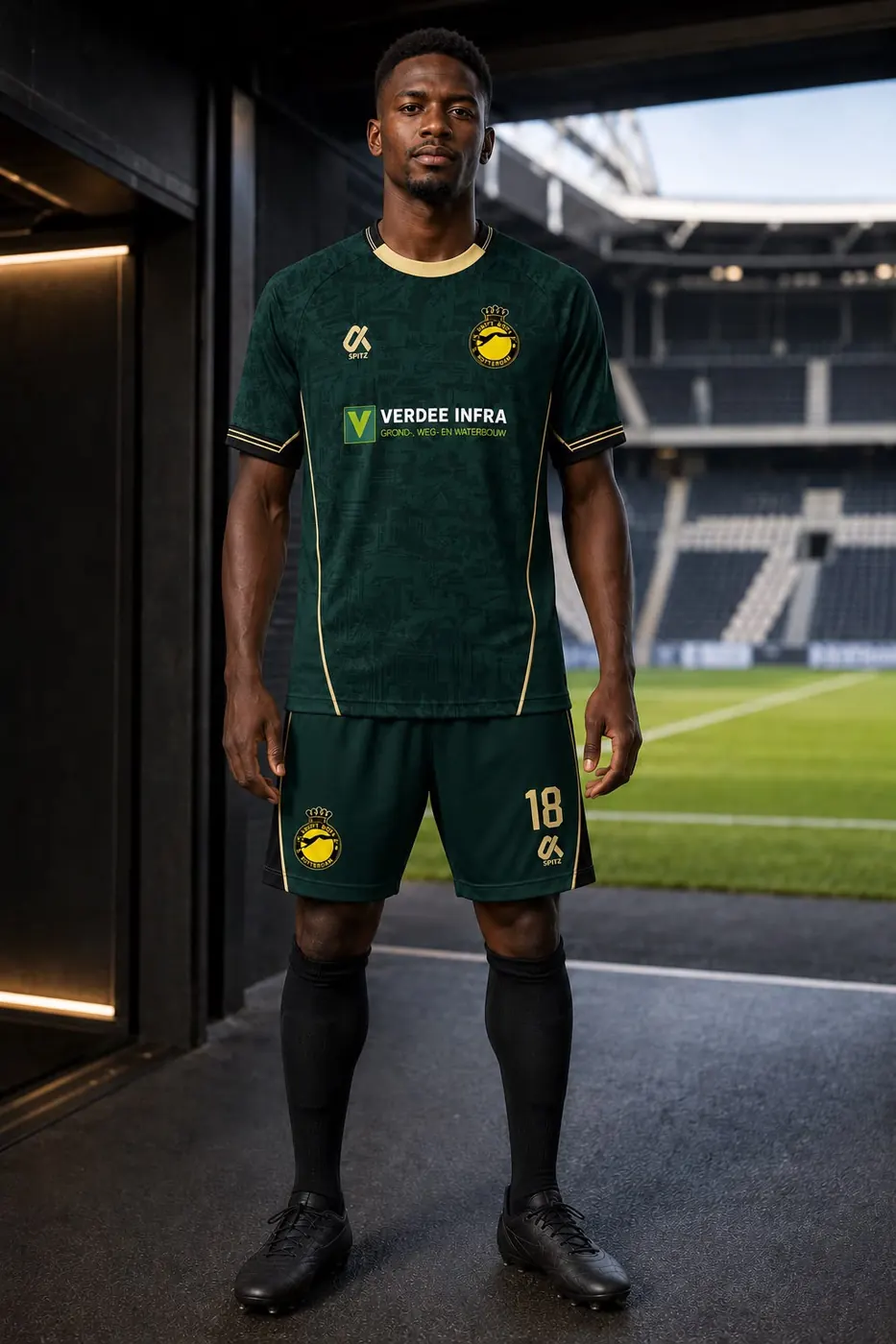 Speler in een donkergroen custom SPITZ wedstrijdtenue met gouden biezen, staand in de spelerstunnel van een stadion