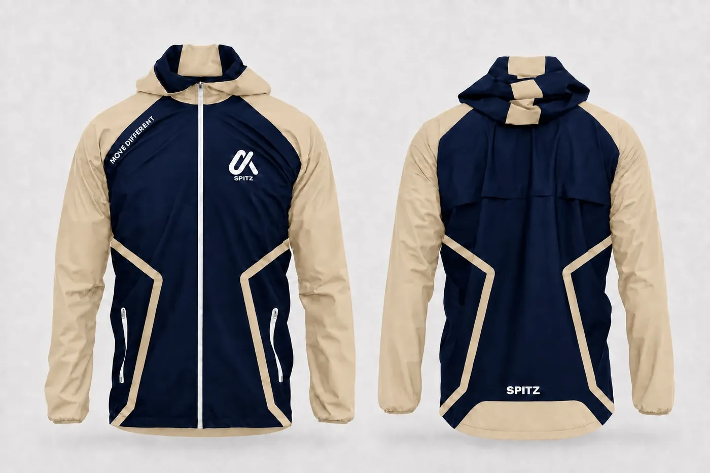 Marineblauwe windbreaker met crème mouwen, voor- en achterkant