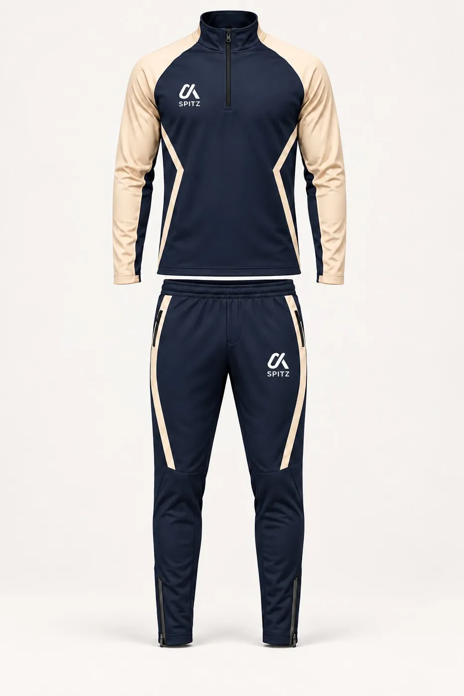 Marineblauw trainingspak met crème mouwen