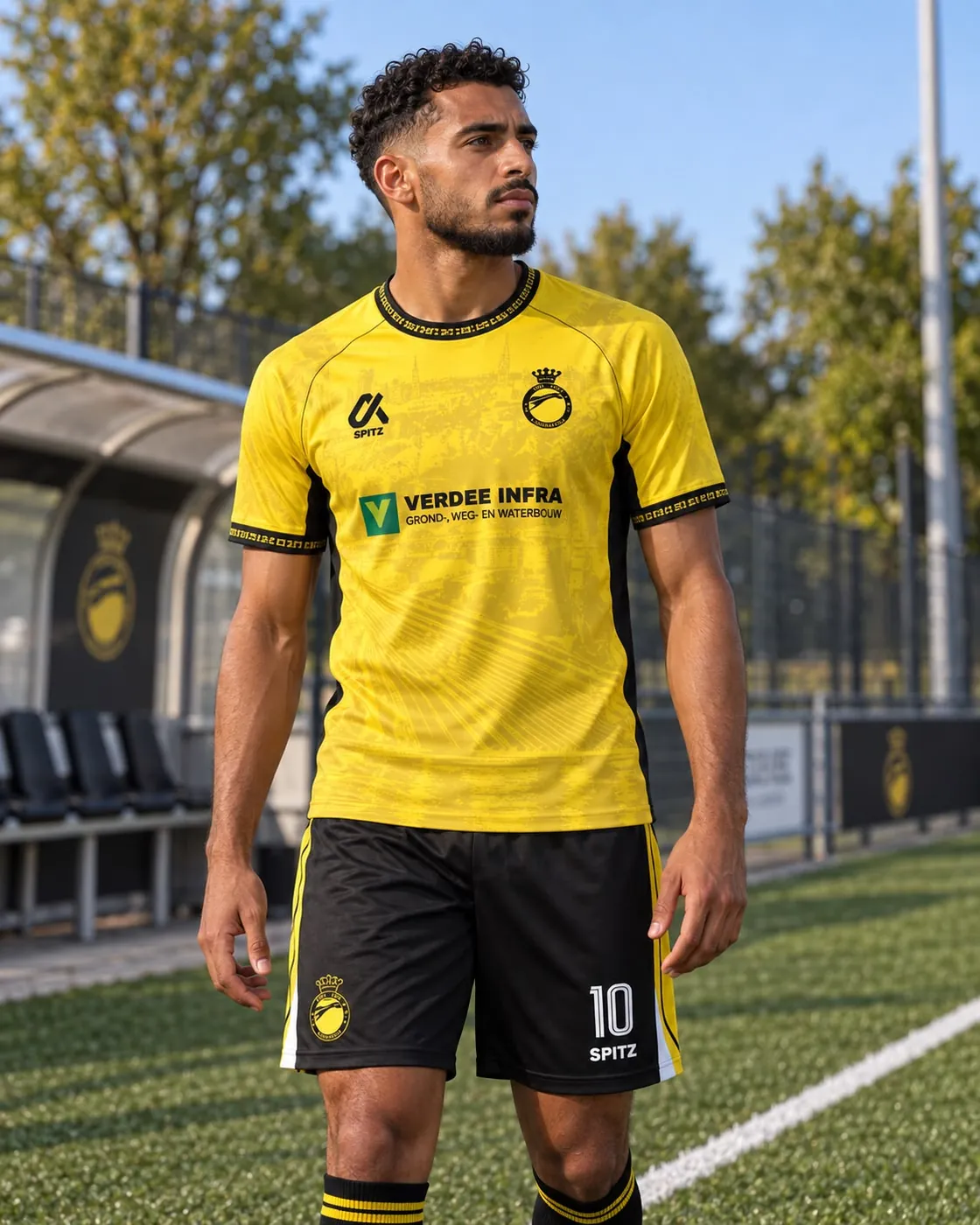 Speler in een geel custom wedstrijdtenue met zwarte short
