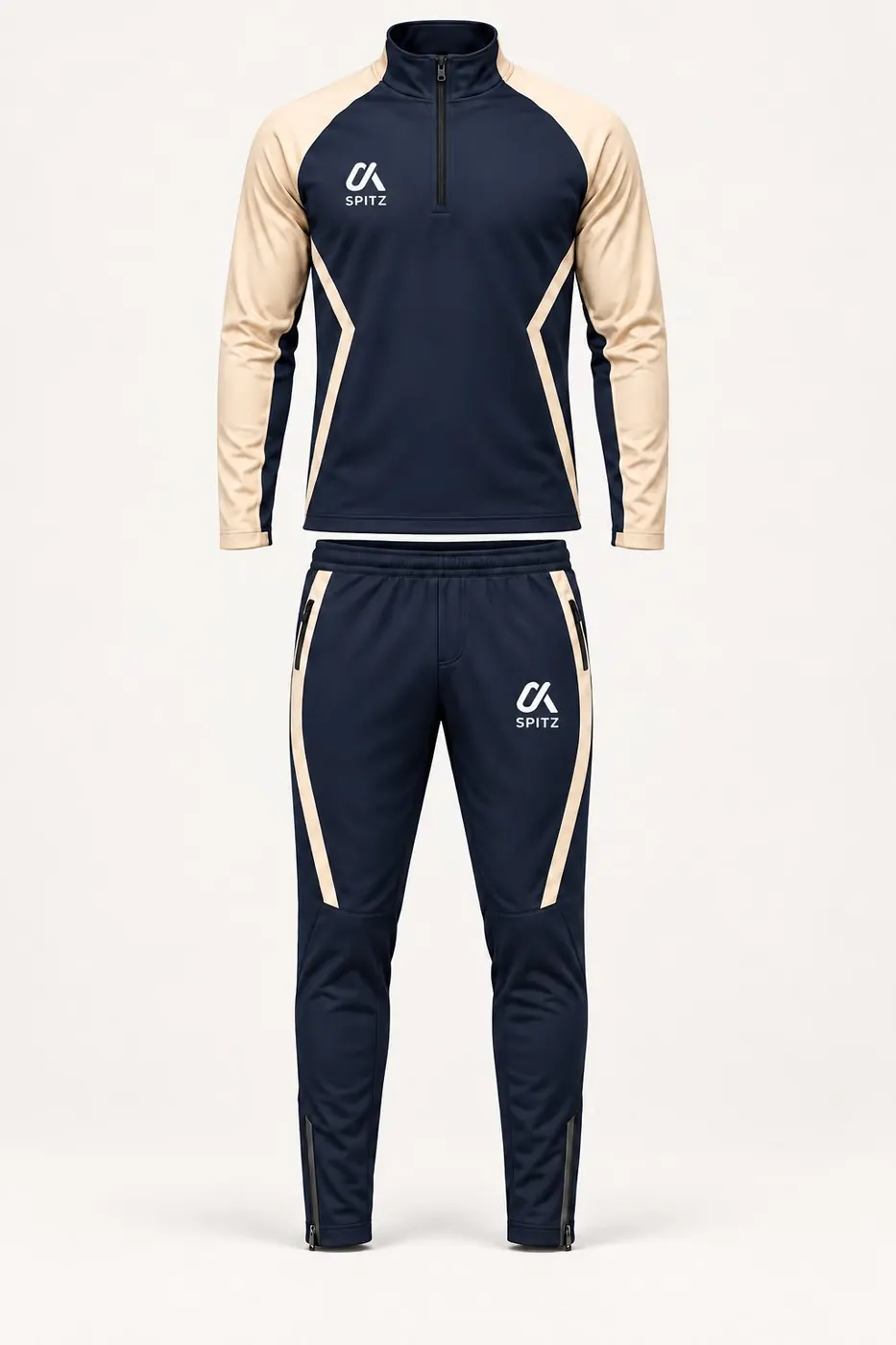 Marineblauw trainingspak met crème mouwen en biezen