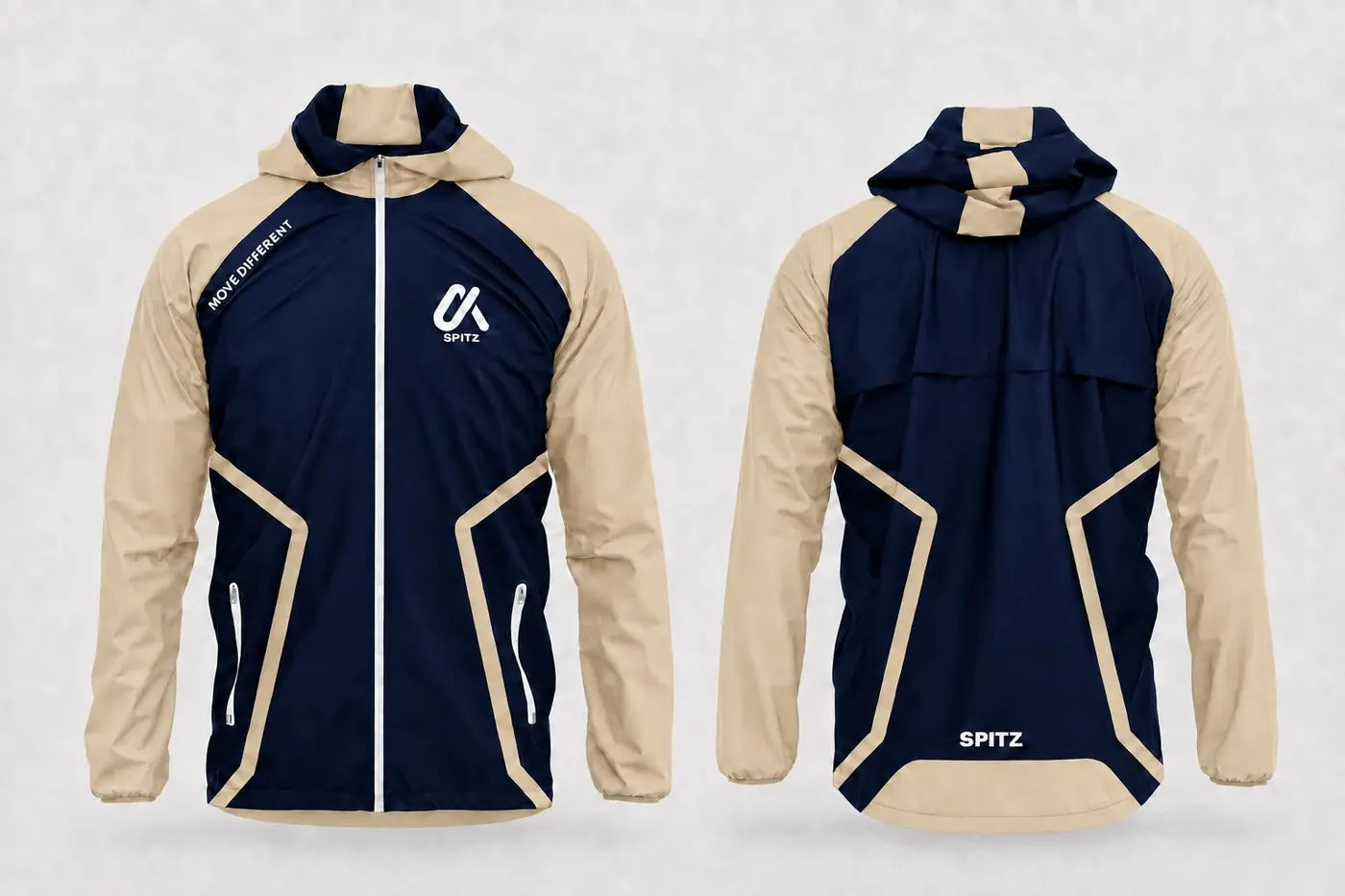 Marineblauwe windbreaker met crème mouwen, voor- en achterkant